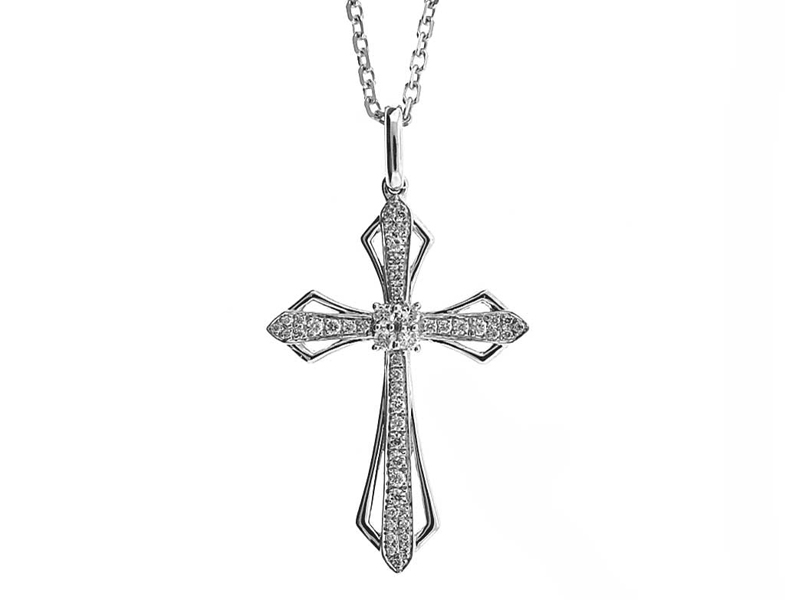 Cross Pendant with Diamonds and an Outline Design in 18k White Gold