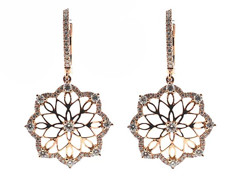 Dangling Lace Openwork Earrings with Diamonds Set in 18k Rose Gold
