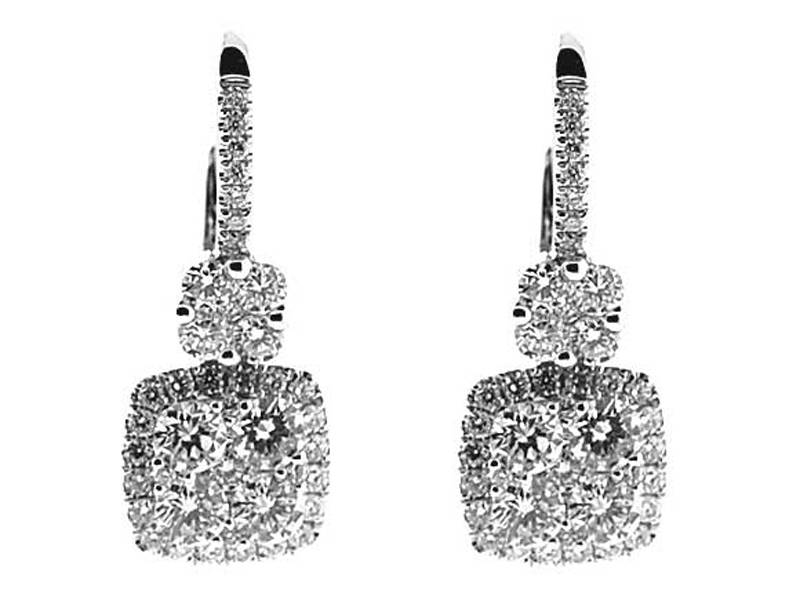 Square Diamond Cluster Dangling Hoop Earrings in 18k White Gold