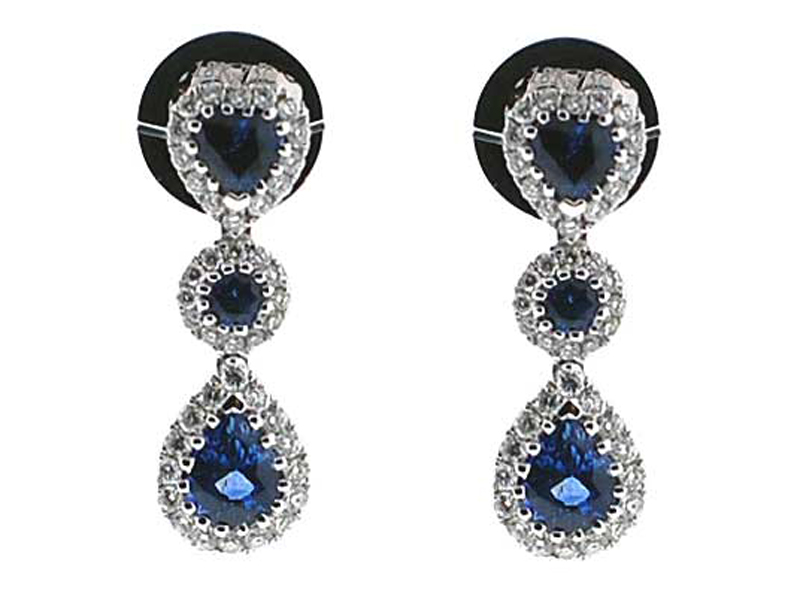 Drop Sapphire Dangling Earrings with Diamond Halos in 18k White Gold