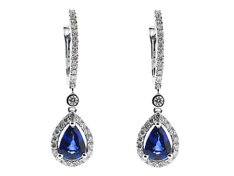 Drop Sapphire Dangling Hoop Earrings with Diamond Halo in 18k White Gold