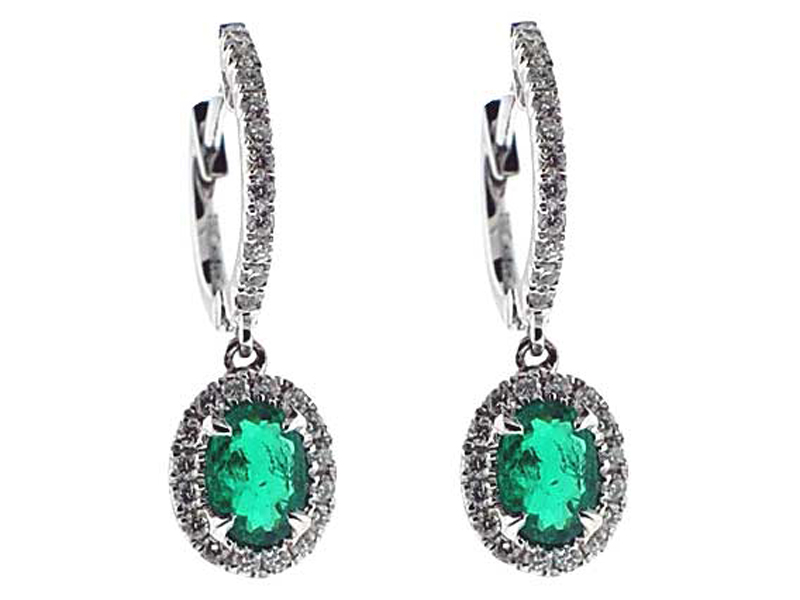 Diamond and Emerald Dangling Hoop Earrings in 18k White Gold