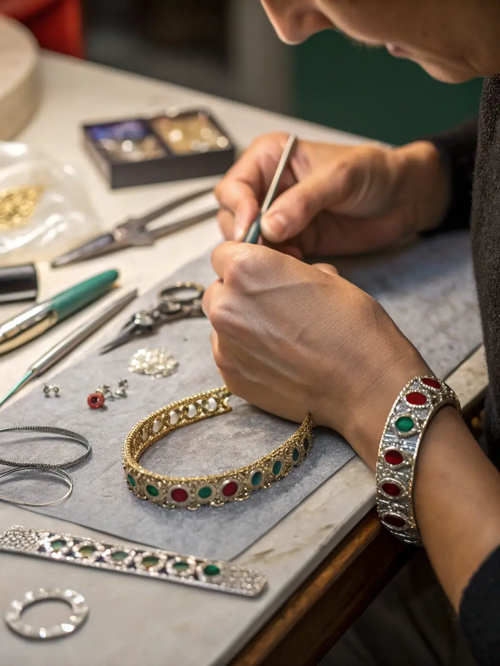 A photograph showcasing the intricate design process behind a ROMANCING THE STONES necklace, featuring sketches, prototypes, and the final polished product.
