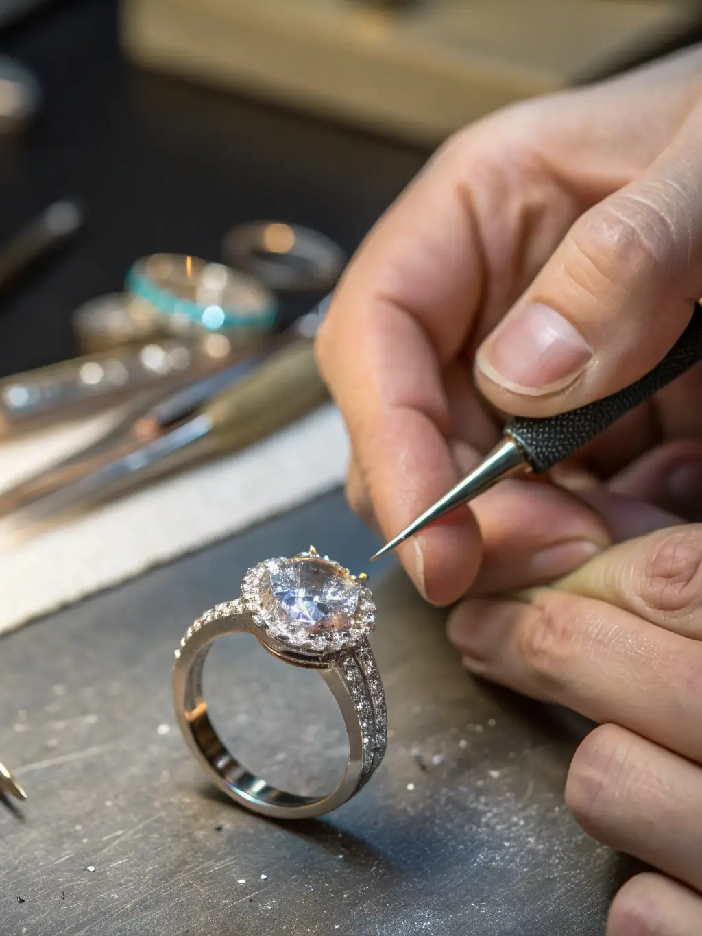 A close-up shot of a skilled artisan meticulously setting a diamond into a ring at a workbench, showcasing the dedication and precision involved in crafting ROMANCING THE STONES jewelry.