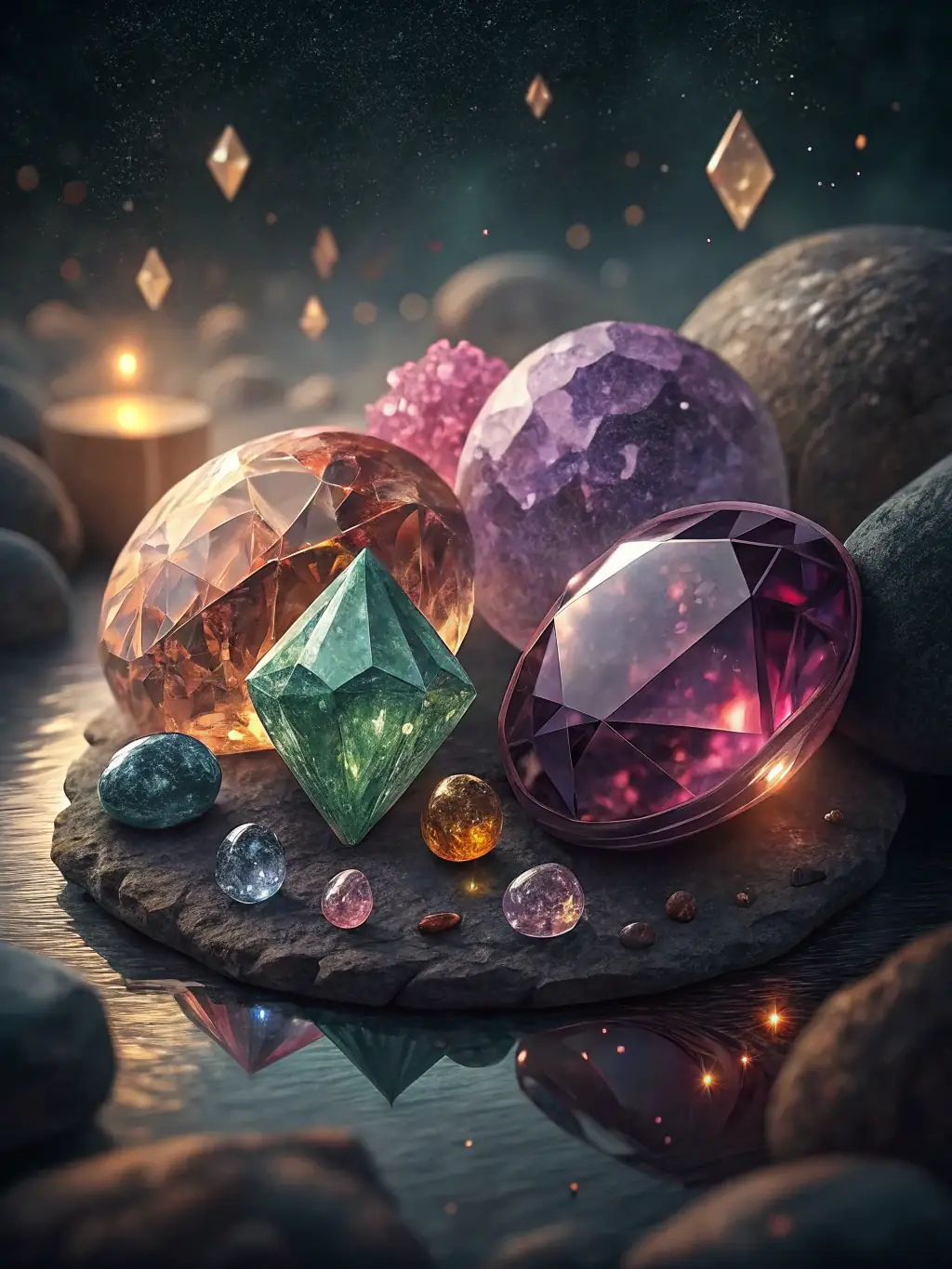 A detailed image of a selection of high-quality gemstones and precious metals used in ROMANCING THE STONES jewelry, emphasizing the brand's commitment to using only the finest materials.
